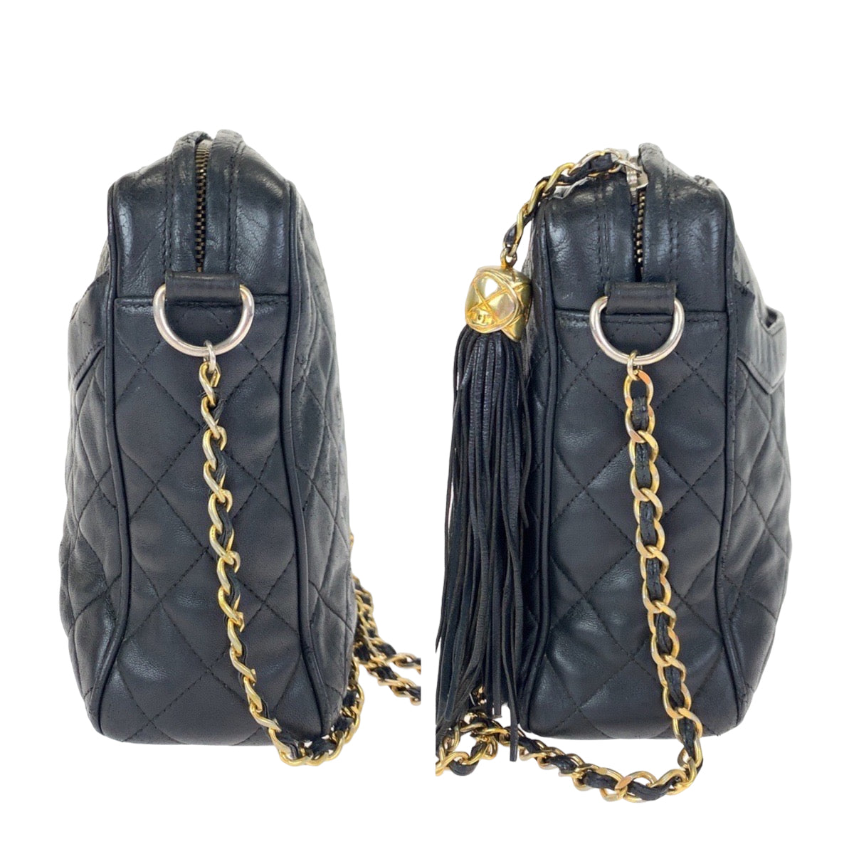 10151
CHANEL シャネル ヴィンテージ マトラッセ タッセル ココマーク ブラック ゴールド金具 ラムスキン チェーンショルダーバッグ 斜め掛け ポシェット  レディース