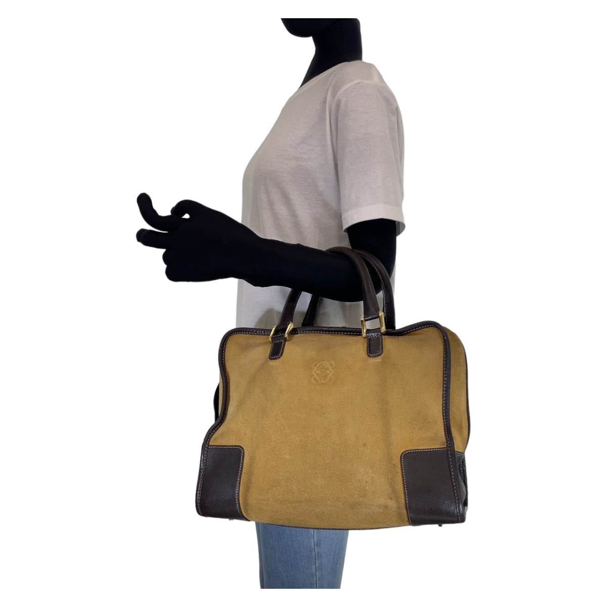 C-117
LOEWE ロエベ アマソナ ベージュ ブラウン 茶 ゴールド金具 スウェード / レザー ハンドバッグ トートバッグ  レディース