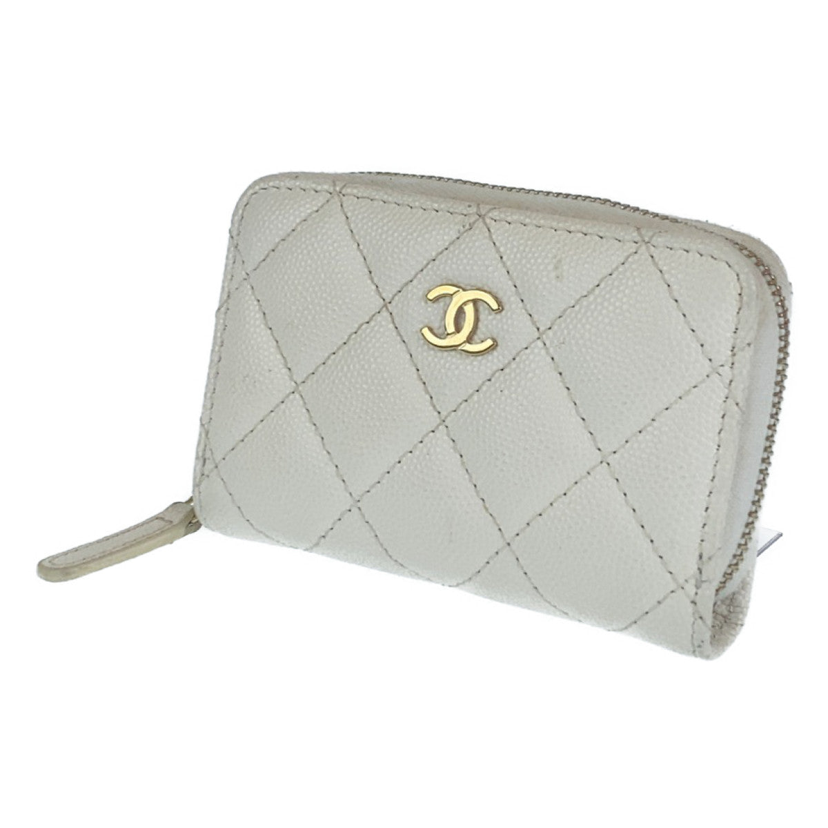 H-0361
CHANEL シャネル マトラッセ ココマーク ラウンドファスナー ホワイト 白 ゴールド金具 キャビアスキン コインケース コンパクトウォレット  レディース