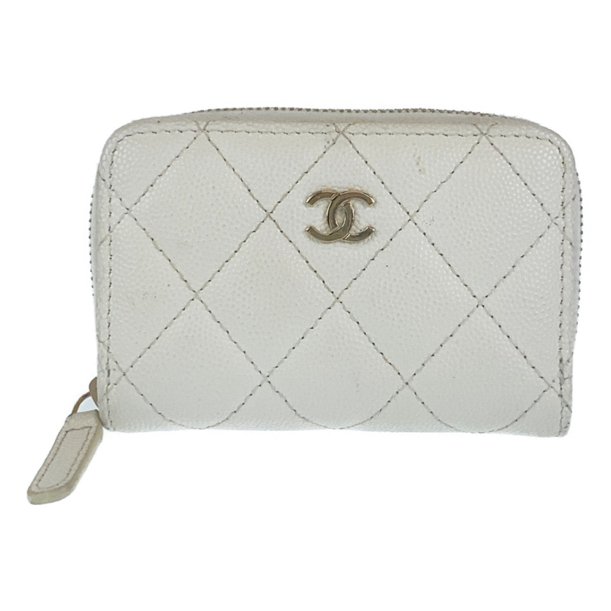 H-0361
CHANEL シャネル マトラッセ ココマーク ラウンドファスナー ホワイト 白 ゴールド金具 キャビアスキン コインケース コンパクトウォレット  レディース