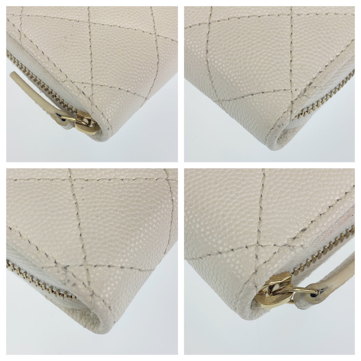 H-0361
CHANEL シャネル マトラッセ ココマーク ラウンドファスナー ホワイト 白 ゴールド金具 キャビアスキン コインケース コンパクトウォレット  レディース
