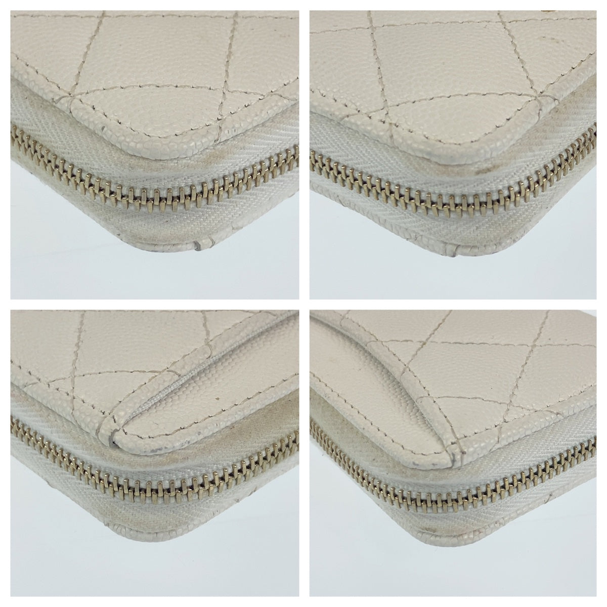H-0361
CHANEL シャネル マトラッセ ココマーク ラウンドファスナー ホワイト 白 ゴールド金具 キャビアスキン コインケース コンパクトウォレット  レディース