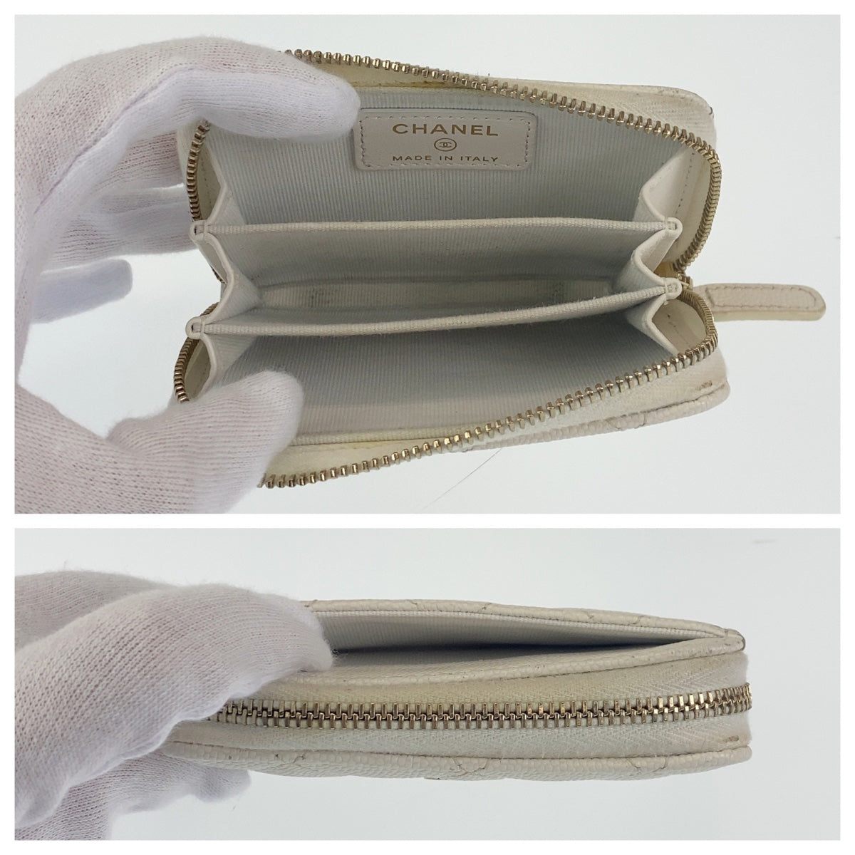 H-0361
CHANEL シャネル マトラッセ ココマーク ラウンドファスナー ホワイト 白 ゴールド金具 キャビアスキン コインケース コンパクトウォレット  レディース