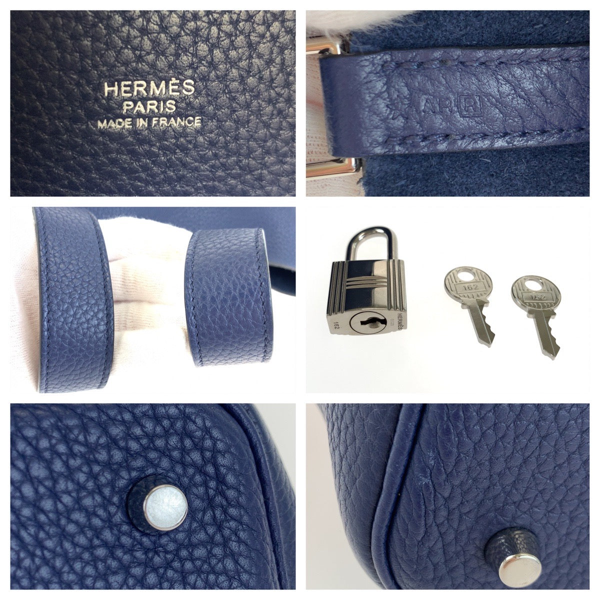 A-098
HERMES エルメス ピコタンロックMM ブルーサフィール ネイビー  紺 シルバー金具 トリヨンクレマンス トートバッグ ハンドバッグ R刻印  レディース