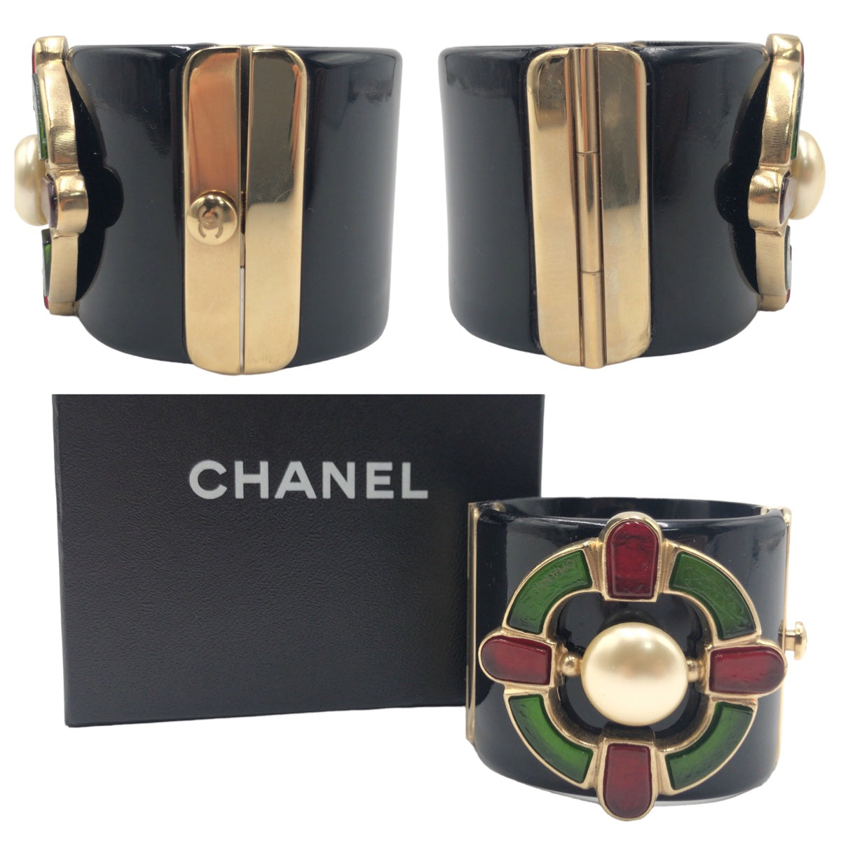 H-00285
CHANEL シャネル グリポワ ブラック 黒 ゴールド 金 マルチカラー アクリル バングル ブレスレット  レディース