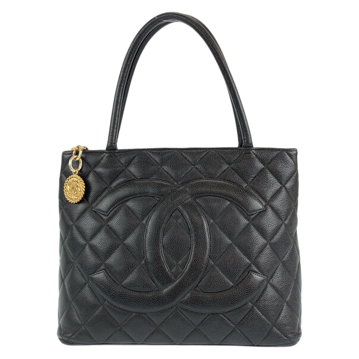 H-00288
CHANEL シャネル ヴィンテージ 復刻トート メダリオン ブラック 黒 ゴールド金具 キャビアスキン トートバッグ 肩掛け  レディース