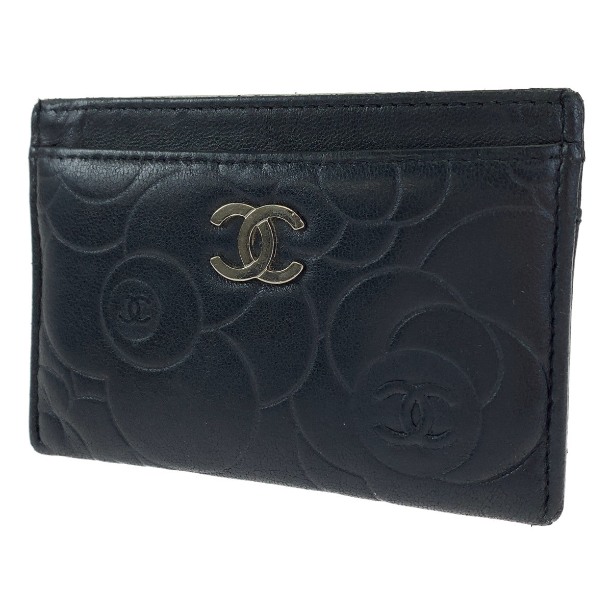H-00290
CHANEL シャネル カメリア ココマーク ブラック 黒 シルバー金具 ラムスキン カードケース 名刺入れ  レディース