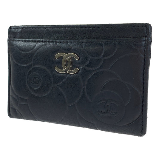 H-00290
CHANEL シャネル カメリア ココマーク ブラック 黒 シルバー金具 ラムスキン カードケース 名刺入れ  レディース