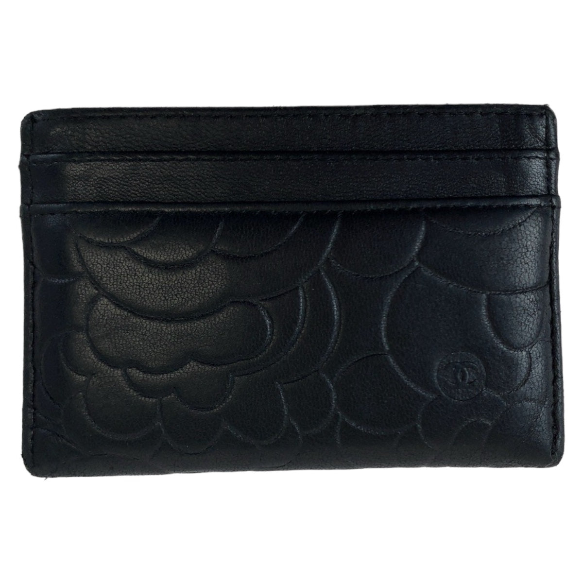 H-00290
CHANEL シャネル カメリア ココマーク ブラック 黒 シルバー金具 ラムスキン カードケース 名刺入れ  レディース