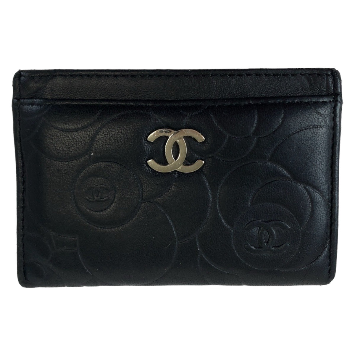 H-00290
CHANEL シャネル カメリア ココマーク ブラック 黒 シルバー金具 ラムスキン カードケース 名刺入れ  レディース