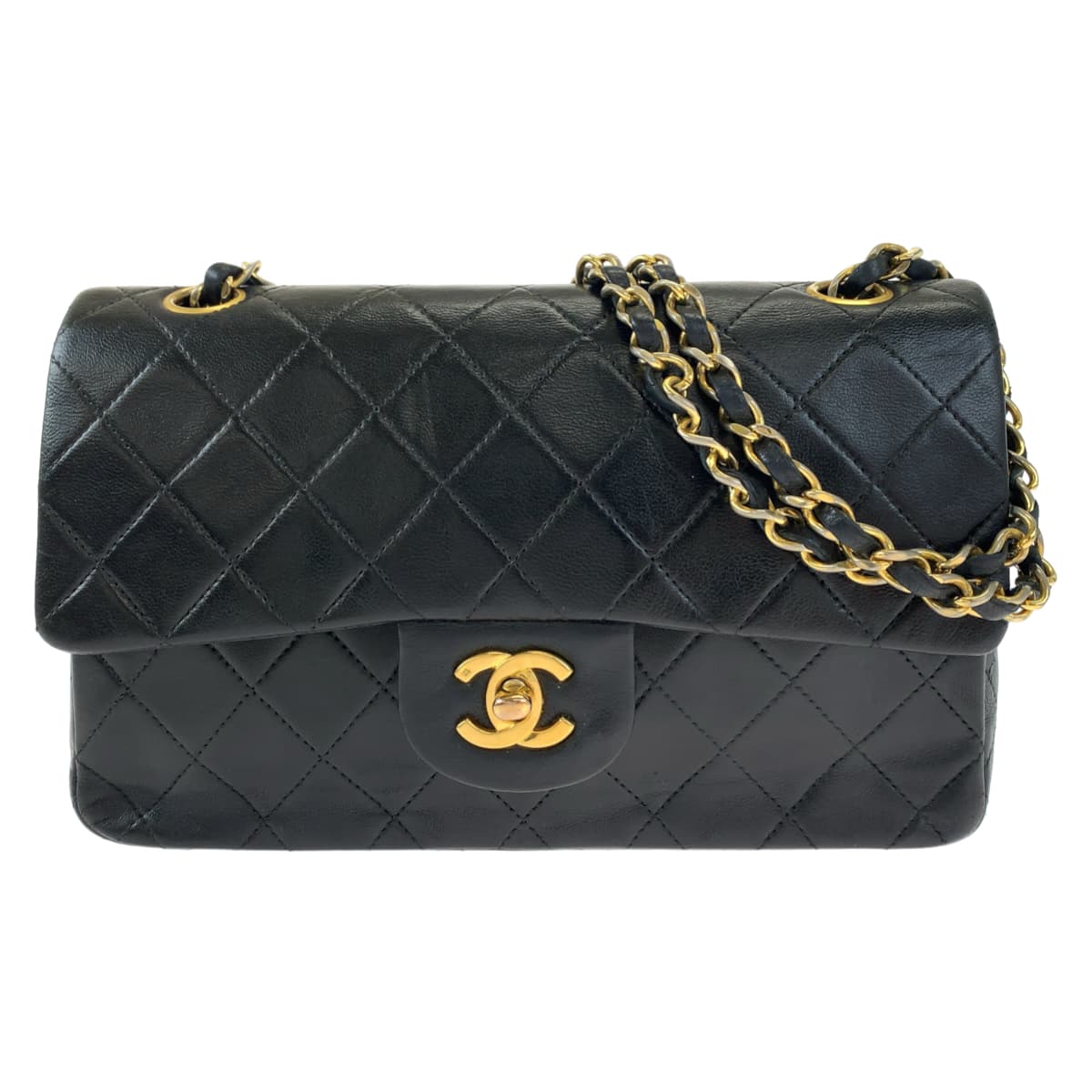 H-00292
CHANEL シャネル ヴィンテージ マトラッセ23 ダブルフラップ タイムレス ココマーク ターンロック ブラック 黒 ゴールド金具 ラムスキン Wチェーンショルダーバッグ 肩掛け  レディース