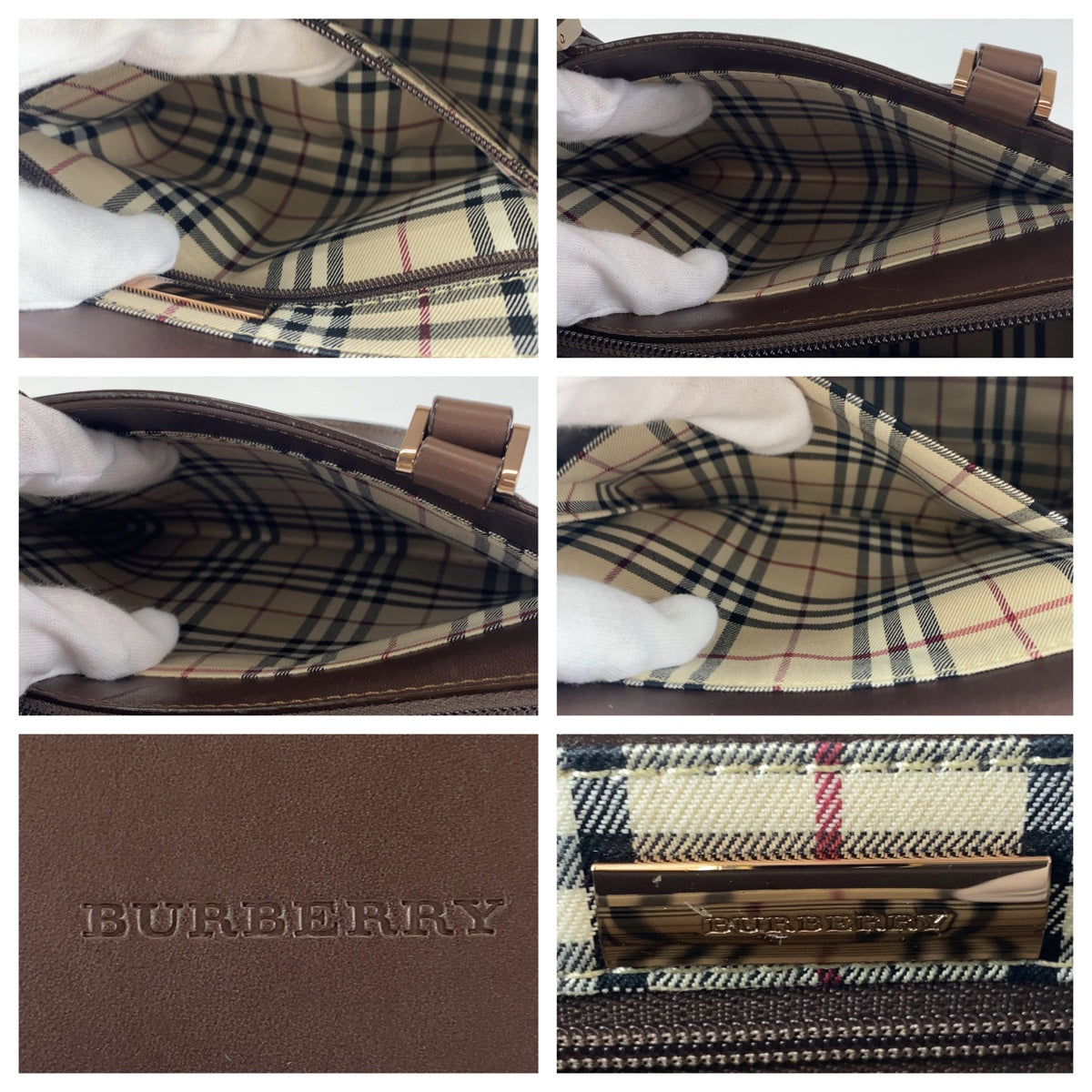 10195
BURBERRY バーバリー 中チェック柄 ブラウン ゴールド金具 レザー トートバッグ ハンドバッグ  レディース