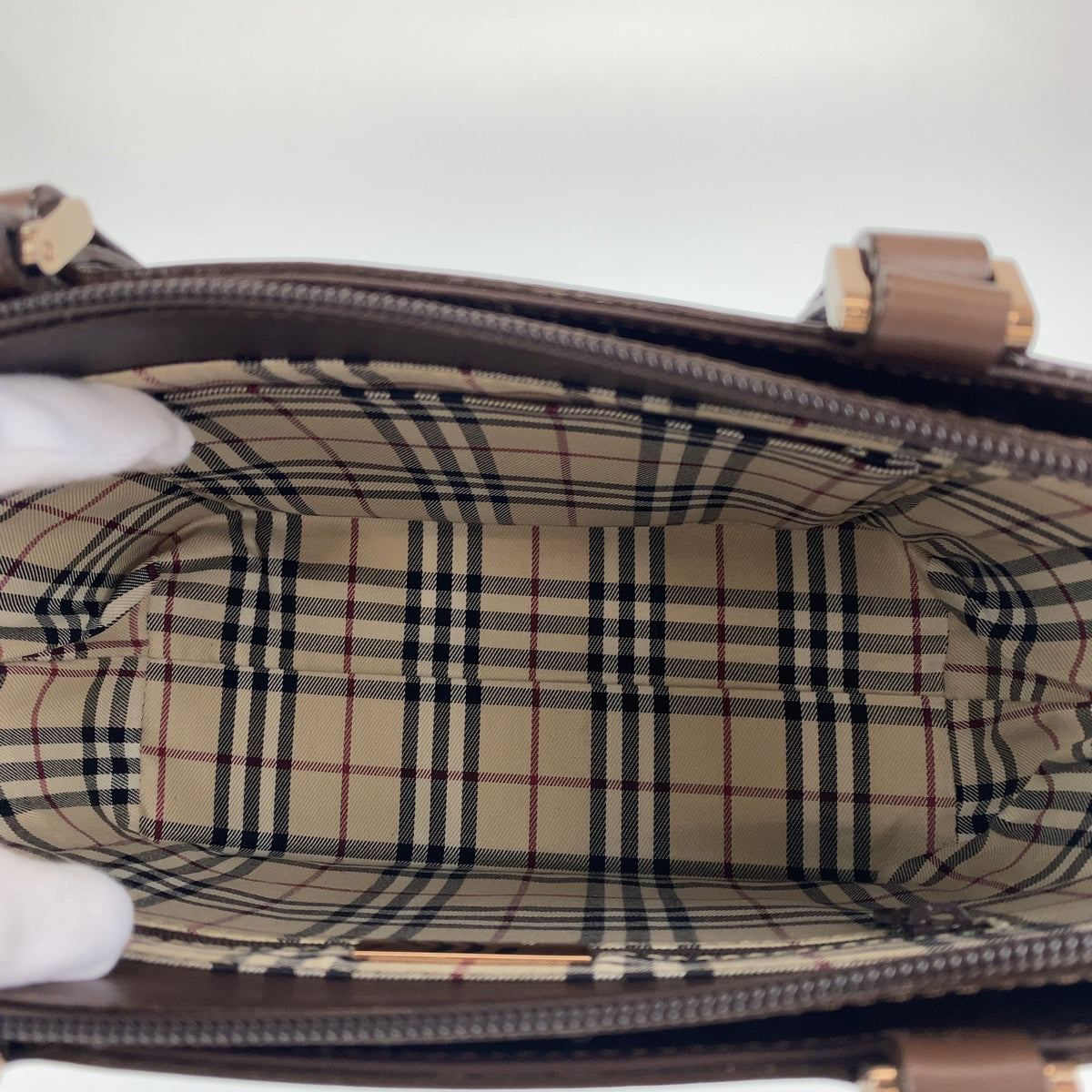 10195
BURBERRY バーバリー 中チェック柄 ブラウン ゴールド金具 レザー トートバッグ ハンドバッグ  レディース