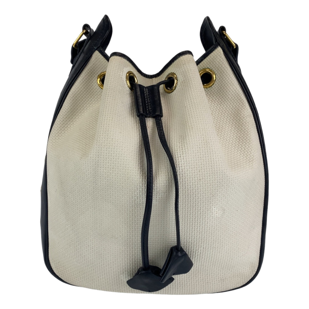 10198
YVES SAINT LAURENT イヴ サンローラン ヴィンテージ YSL ホワイト ネイビー PVC / レザー 巾着 ショルダーバッグ ポシェット  レディース AB9800