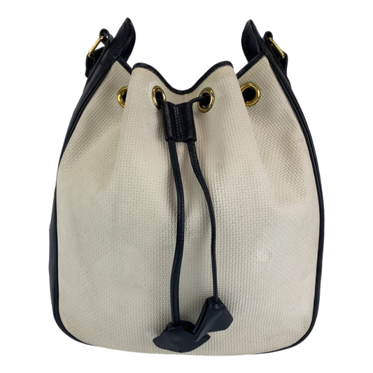 10198
YVES SAINT LAURENT イヴ サンローラン ヴィンテージ YSL ホワイト ネイビー PVC / レザー 巾着 ショルダーバッグ ポシェット  レディース AB9800