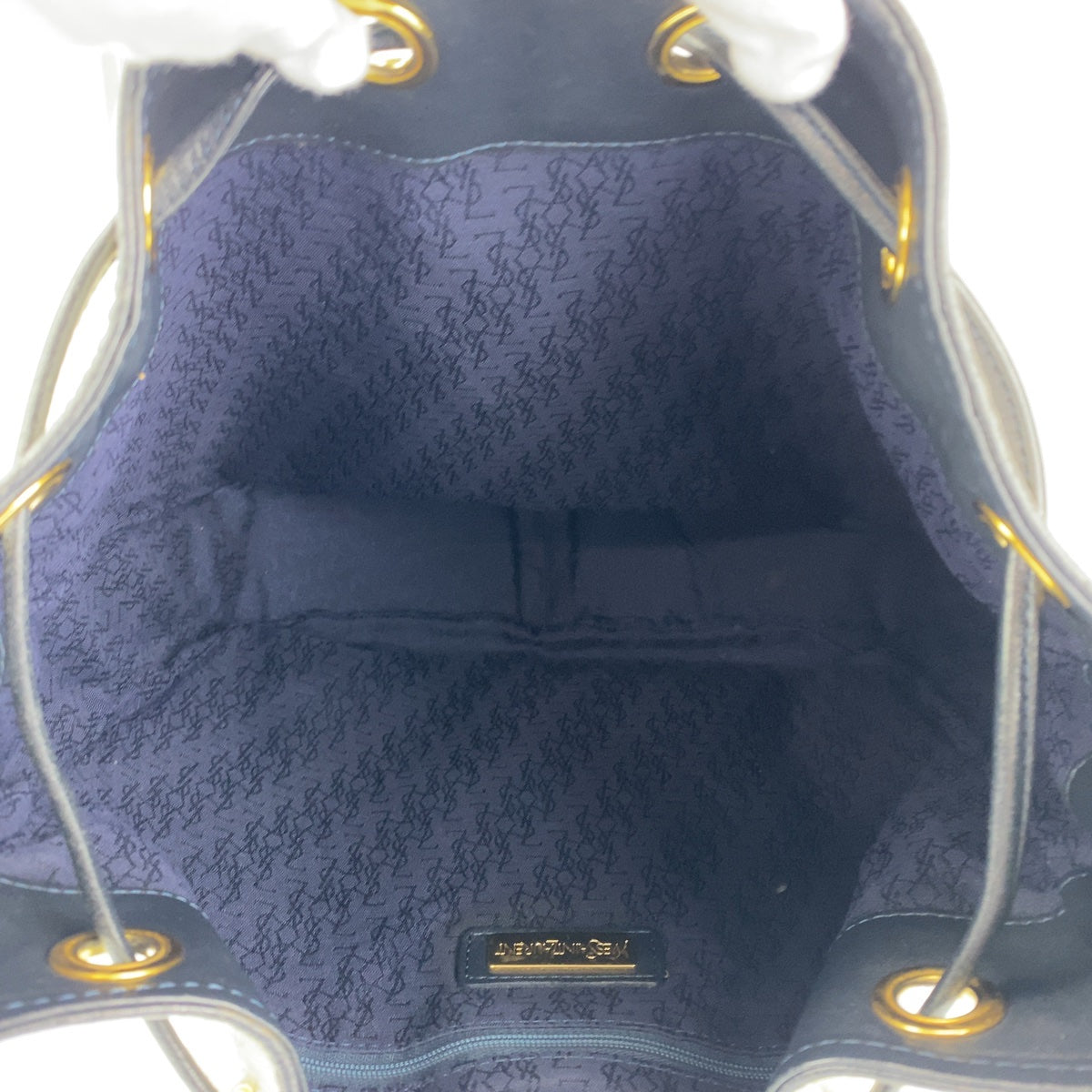 10198
YVES SAINT LAURENT イヴ サンローラン ヴィンテージ YSL ホワイト ネイビー PVC / レザー 巾着 ショルダーバッグ ポシェット  レディース AB9800