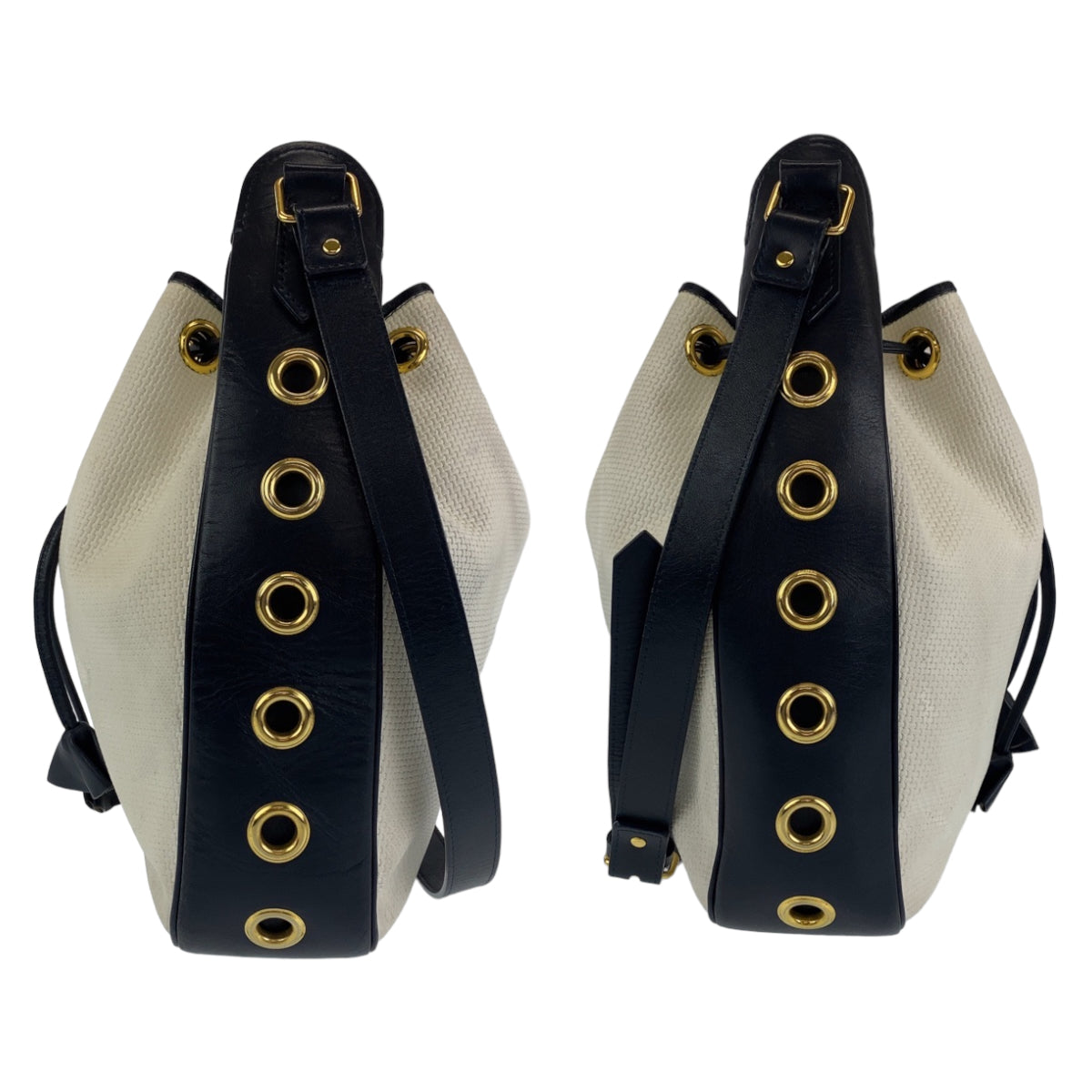 10198
YVES SAINT LAURENT イヴ サンローラン ヴィンテージ YSL ホワイト ネイビー PVC / レザー 巾着 ショルダーバッグ ポシェット  レディース AB9800