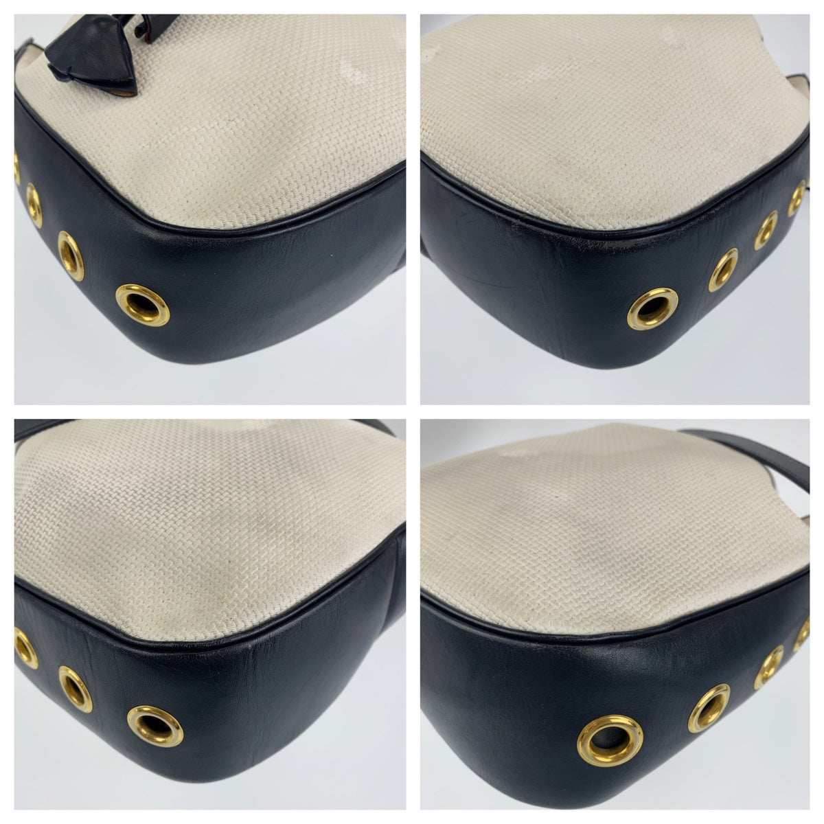 10198
YVES SAINT LAURENT イヴ サンローラン ヴィンテージ YSL ホワイト ネイビー PVC / レザー 巾着 ショルダーバッグ ポシェット  レディース AB9800