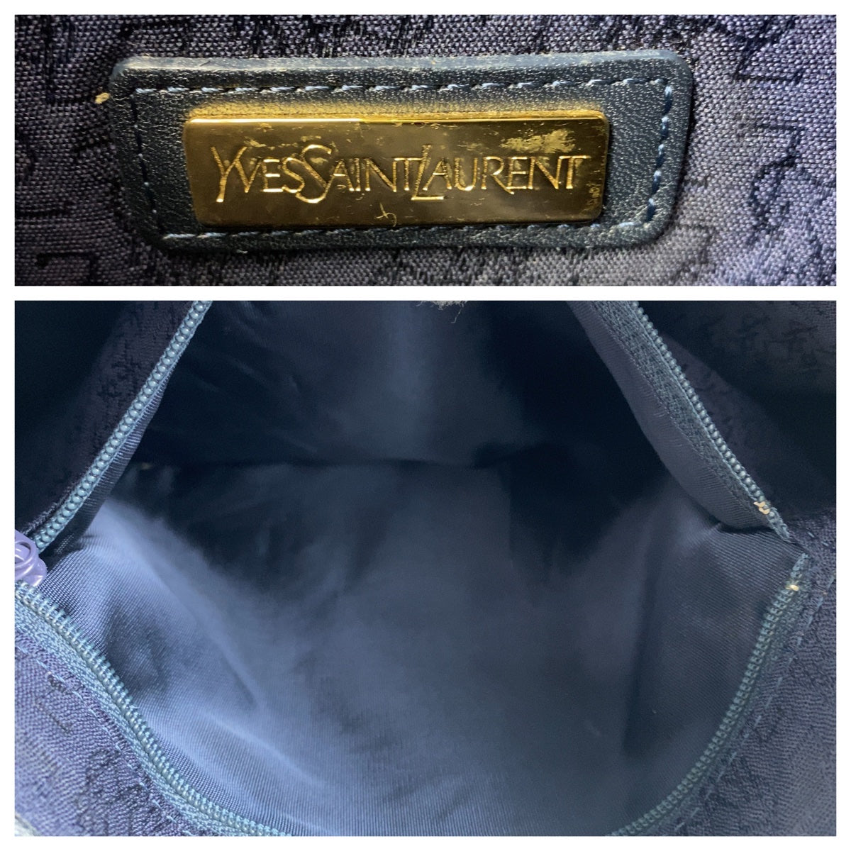 10198
YVES SAINT LAURENT イヴ サンローラン ヴィンテージ YSL ホワイト ネイビー PVC / レザー 巾着 ショルダーバッグ ポシェット  レディース AB9800