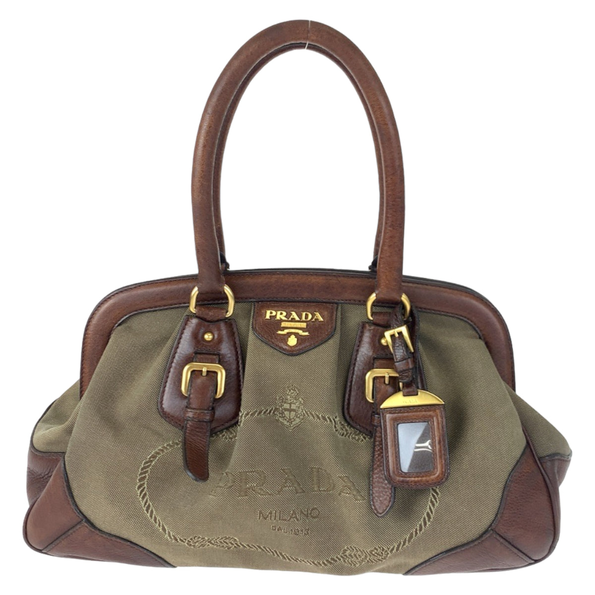 H-00295
PRADA プラダ ロゴジャガード ブラウン ベージュ キャンバス / レザー ショルダーバッグ がま口 ハンドバッグ  レディース