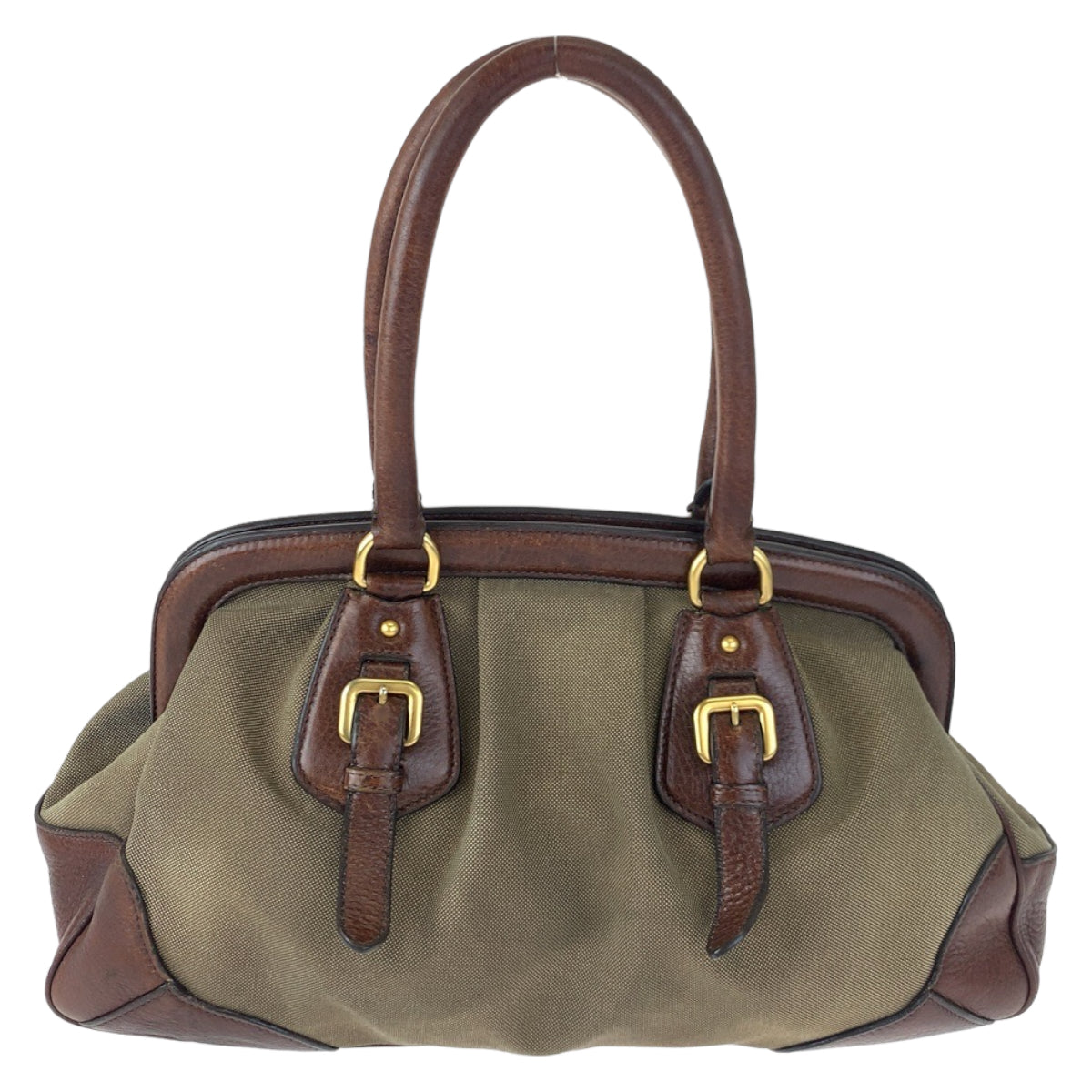 H-00295
PRADA プラダ ロゴジャガード ブラウン ベージュ キャンバス / レザー ショルダーバッグ がま口 ハンドバッグ  レディース
