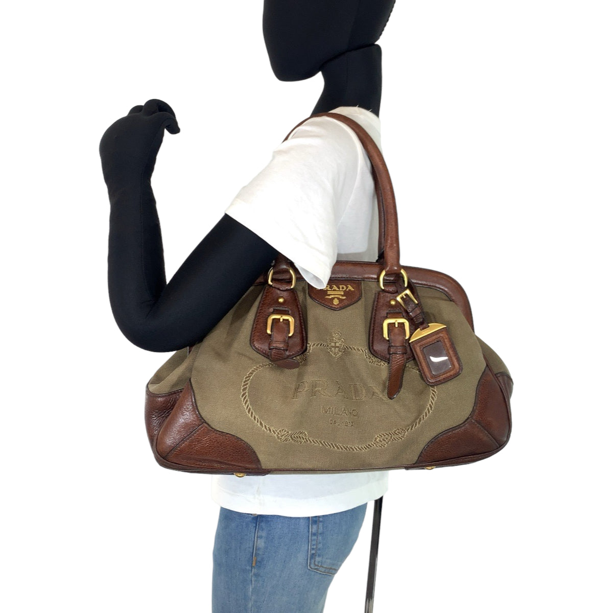 H-00295
PRADA プラダ ロゴジャガード ブラウン ベージュ キャンバス / レザー ショルダーバッグ がま口 ハンドバッグ  レディース