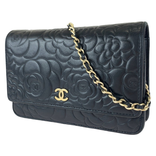 H-00188
CHANEL シャネル カメリア ココマーク ブラック 黒 ゴールド金具 ラムスキン チェーンウォレット 長財布 斜め掛け  レディース