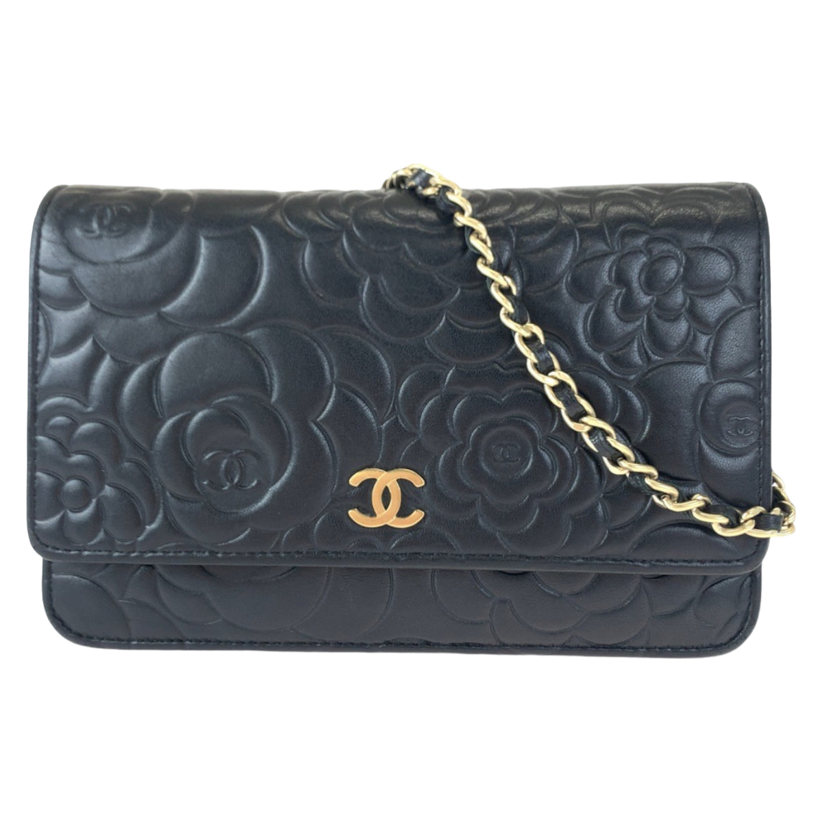 H-00188
CHANEL シャネル カメリア ココマーク ブラック 黒 ゴールド金具 ラムスキン チェーンウォレット 長財布 斜め掛け  レディース