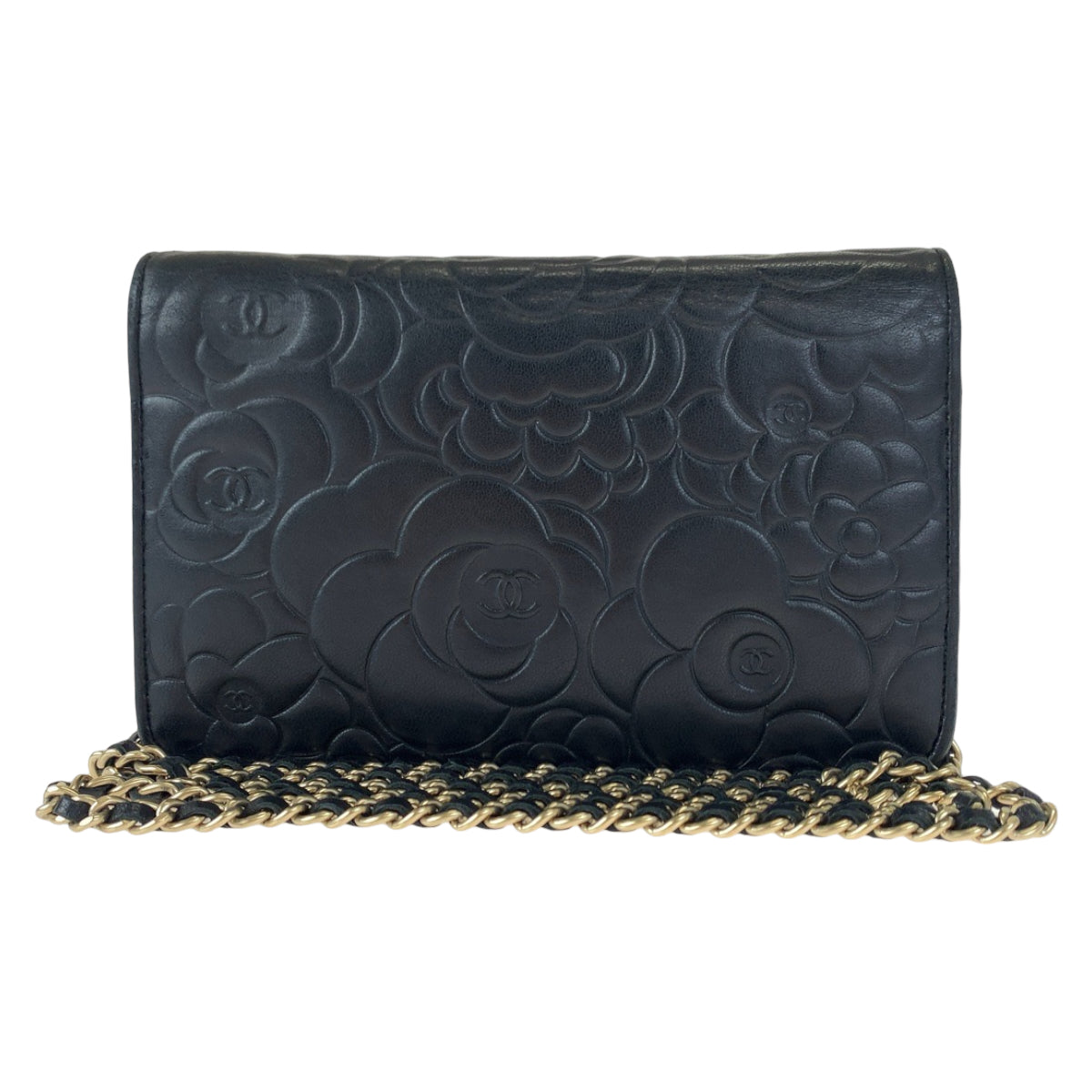 H-00188
CHANEL シャネル カメリア ココマーク ブラック 黒 ゴールド金具 ラムスキン チェーンウォレット 長財布 斜め掛け  レディース