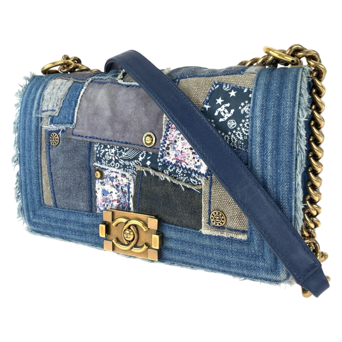 H-00189
CHANEL シャネル ボーイシャネル ココマーク パッチワーク ブルー 青 ゴールド金具 デニム チェーンショルダーバッグ  レディース