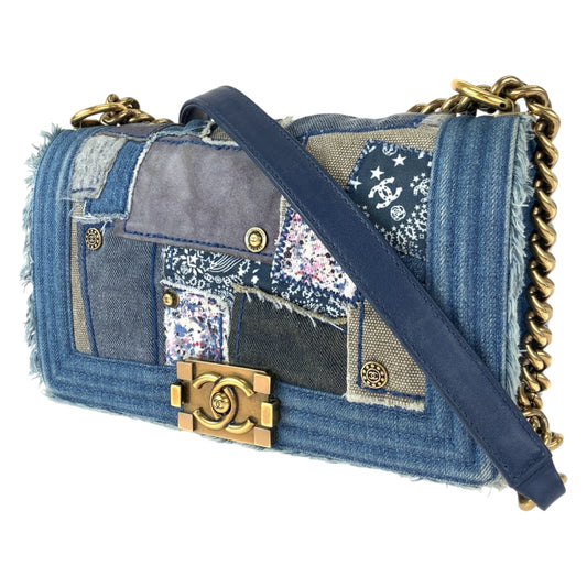 H-00189
CHANEL シャネル ボーイシャネル ココマーク パッチワーク ブルー 青 ゴールド金具 デニム チェーンショルダーバッグ  レディース