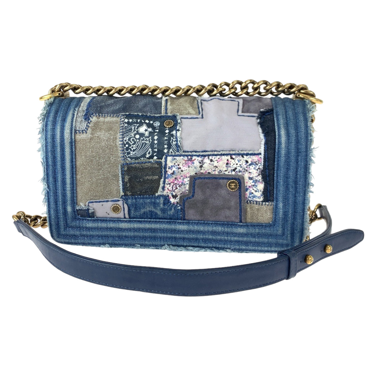 H-00189
CHANEL シャネル ボーイシャネル ココマーク パッチワーク ブルー 青 ゴールド金具 デニム チェーンショルダーバッグ  レディース