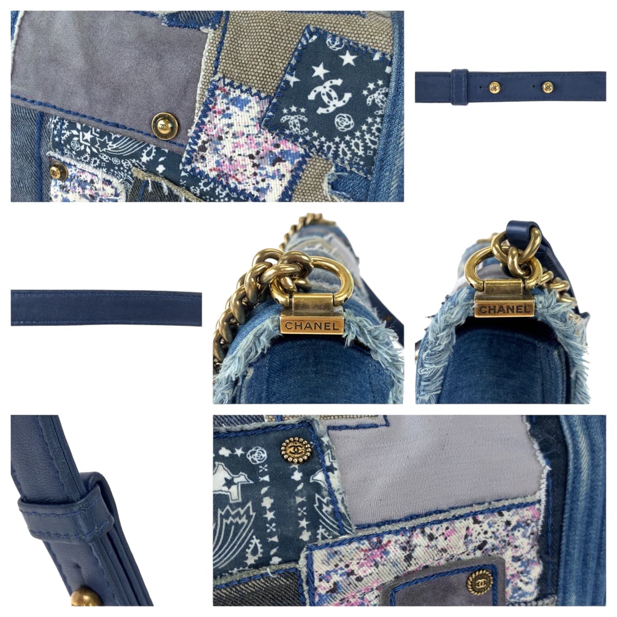 H-00189
CHANEL シャネル ボーイシャネル ココマーク パッチワーク ブルー 青 ゴールド金具 デニム チェーンショルダーバッグ  レディース
