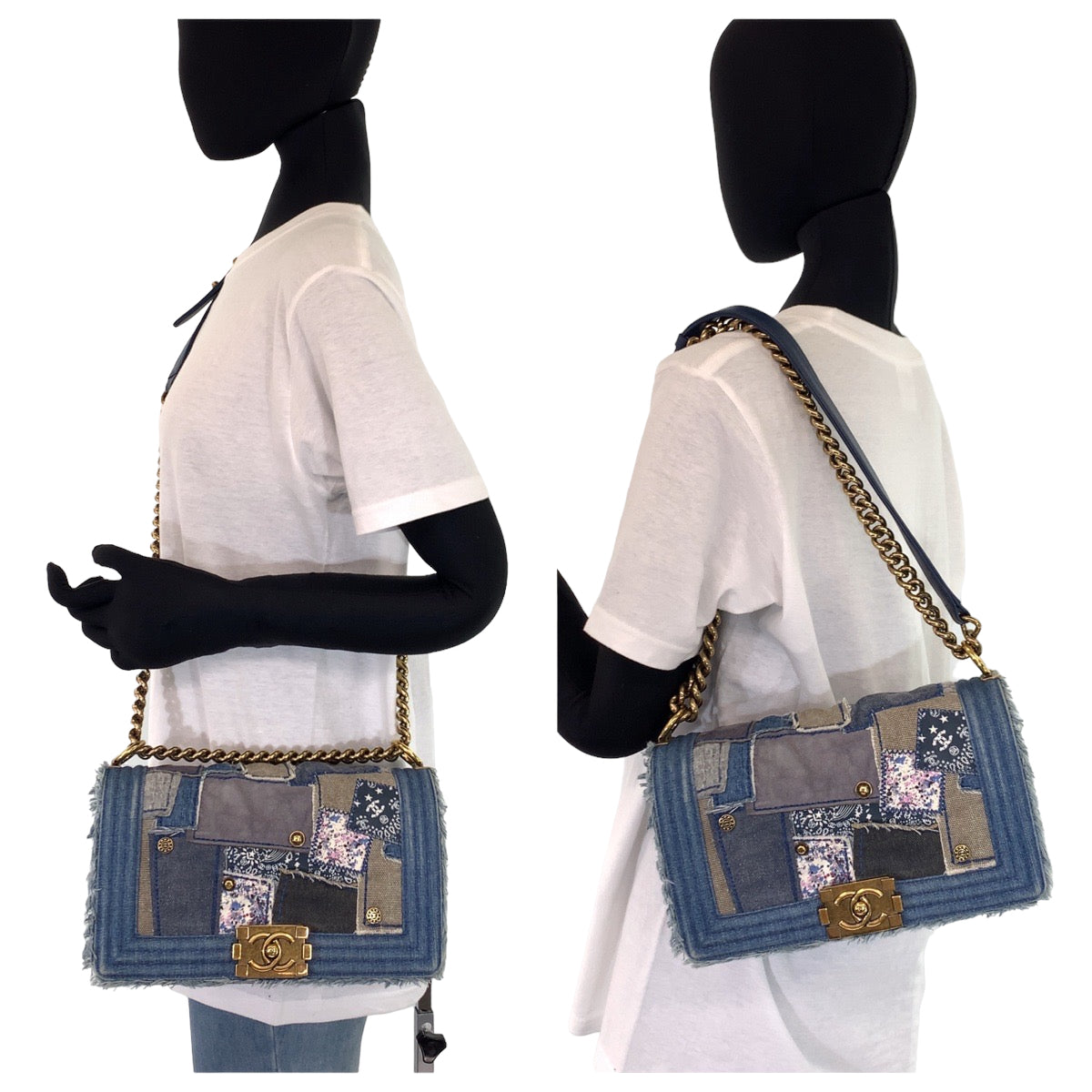 H-00189
CHANEL シャネル ボーイシャネル ココマーク パッチワーク ブルー 青 ゴールド金具 デニム チェーンショルダーバッグ  レディース