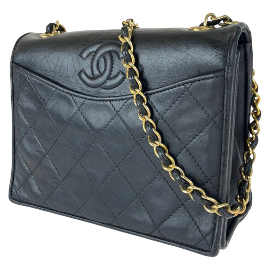 10204
 CHANEL Vintage Matelasse Single Flap Coco Mark Black Gold Hardware Lambskin Crossbody Chain Shoulder Bag Pochette Women's