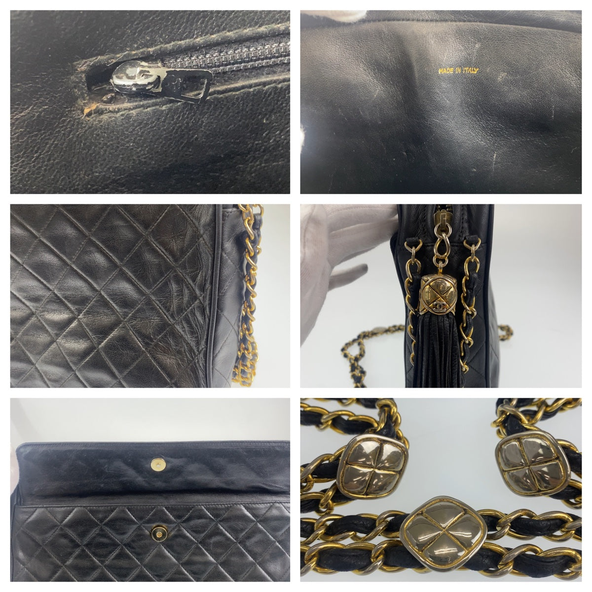 10207
CHANEL シャネル ヴィンテージ マトラッセ ココマーク フリンジ ブラック 黒 ゴールド金具 ラムスキン ダブルチェーンショルダーバッグ  レディース