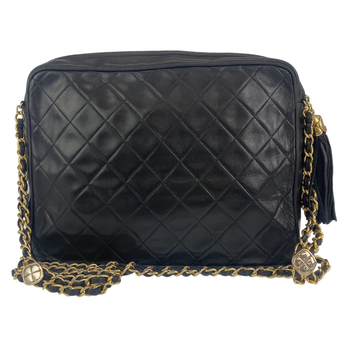 10207
CHANEL シャネル ヴィンテージ マトラッセ ココマーク フリンジ ブラック 黒 ゴールド金具 ラムスキン ダブルチェーンショルダーバッグ  レディース