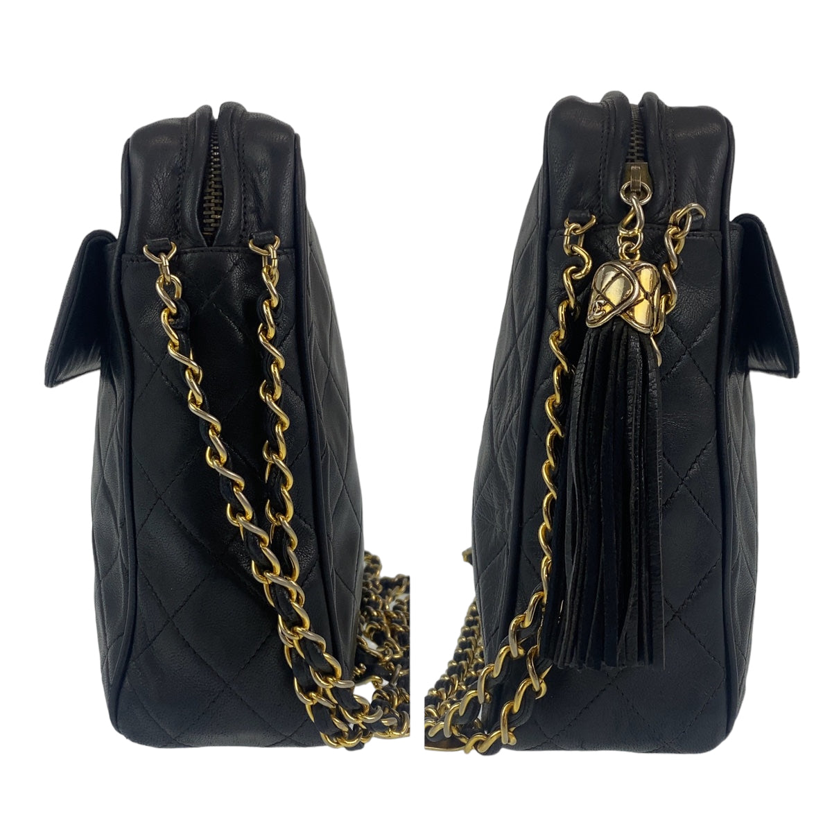 10207
CHANEL シャネル ヴィンテージ マトラッセ ココマーク フリンジ ブラック 黒 ゴールド金具 ラムスキン ダブルチェーンショルダーバッグ  レディース