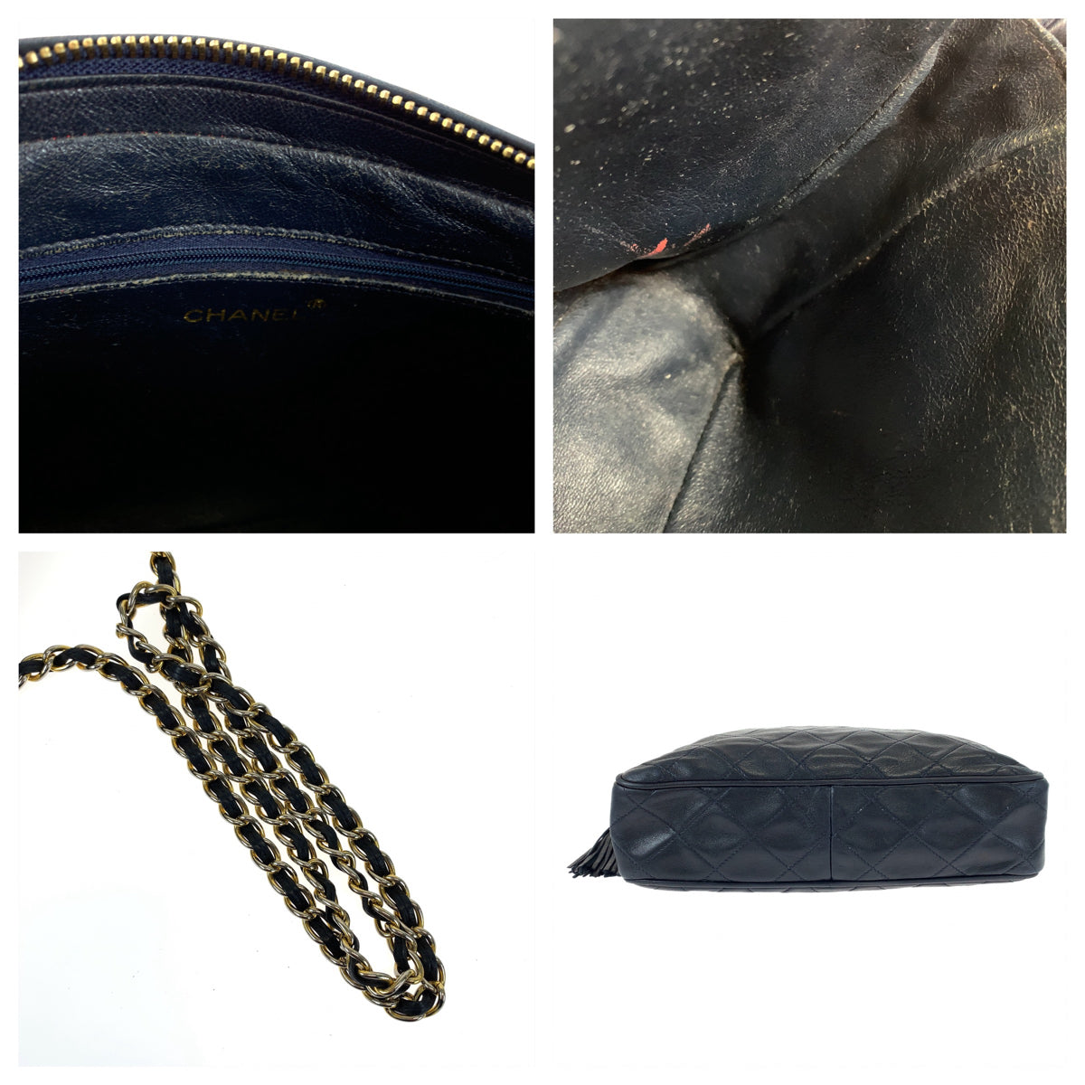 10208
CHANEL シャネル ヴィンテージ マトラッセ ココマーク フリンジ ネイビー ゴールド金具 ラムスキン ショルダーバッグ 斜め掛け  レディース