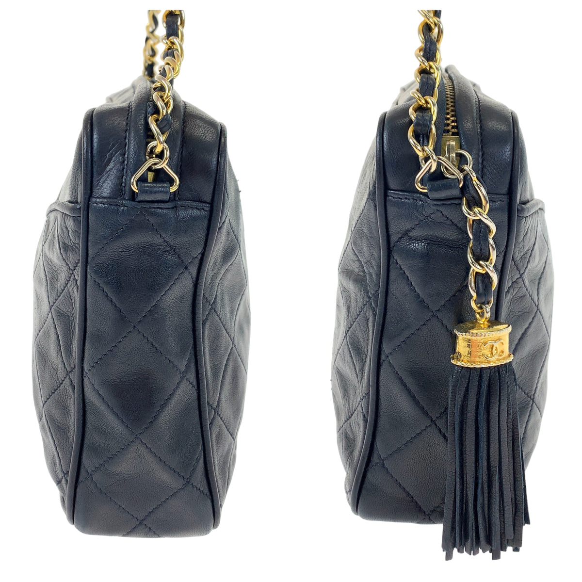 10208
CHANEL シャネル ヴィンテージ マトラッセ ココマーク フリンジ ネイビー ゴールド金具 ラムスキン ショルダーバッグ 斜め掛け  レディース