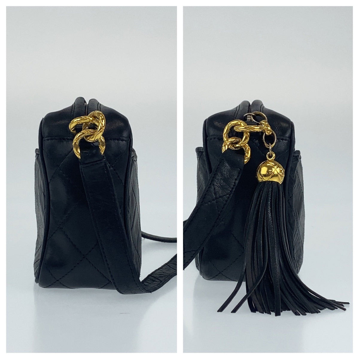 C-048
CHANEL シャネル ヴィンテージ マトラッセ タッセル フリンジ ブラック 黒 ゴールド金具 ラムスキン 斜め掛け ショルダーバッグ  レディース