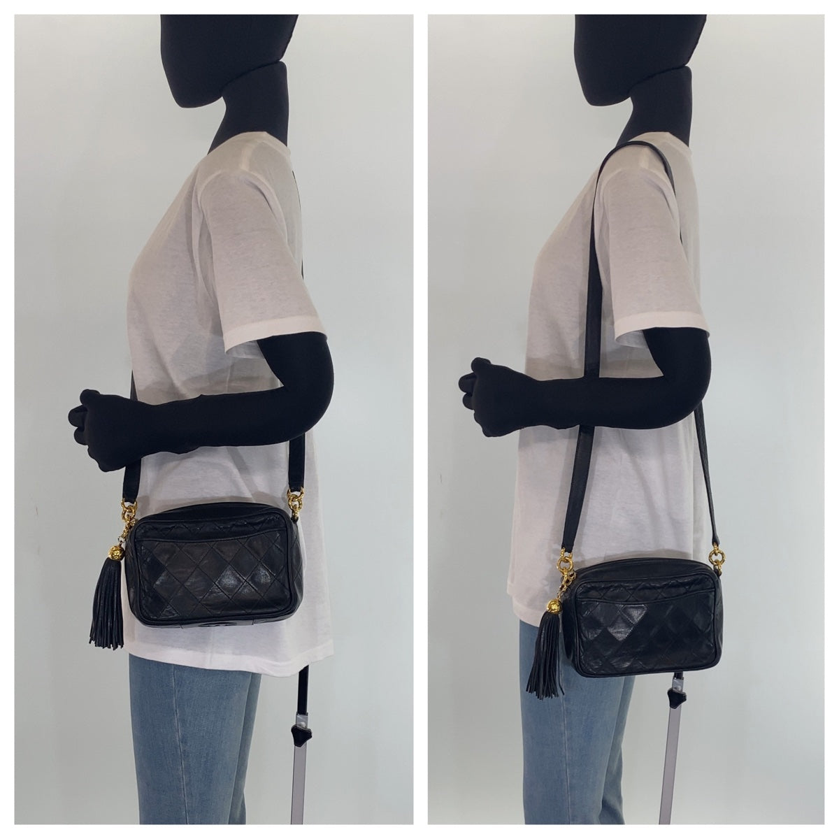 C-048
CHANEL シャネル ヴィンテージ マトラッセ タッセル フリンジ ブラック 黒 ゴールド金具 ラムスキン 斜め掛け ショルダーバッグ  レディース