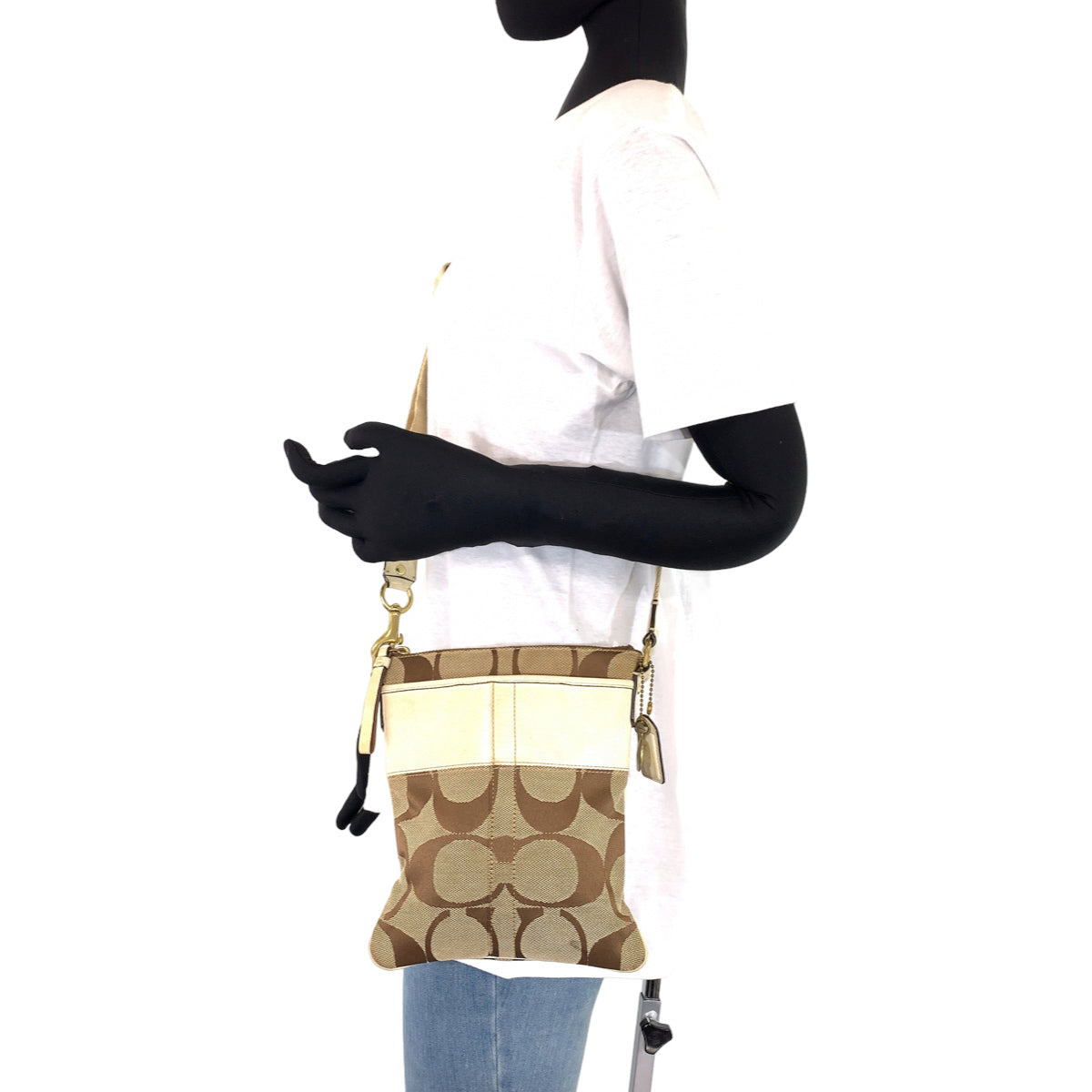 12669
 COACH Signature Stripe Solid Swing Pack Brown Gold Hardware Canvas/Leather 41207 Shoulder Bag Pochette Crossbody Bag for Women