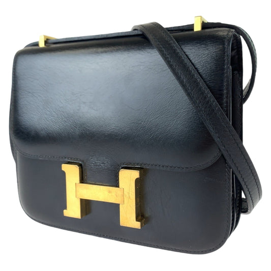 HERMES エルメス ヴィンテージ コンスタンス3 ミニ 18 ブラック 黒 ゴールド金具 ボックスカーフ ショルダーバッグ 斜め掛け U刻印  レディース