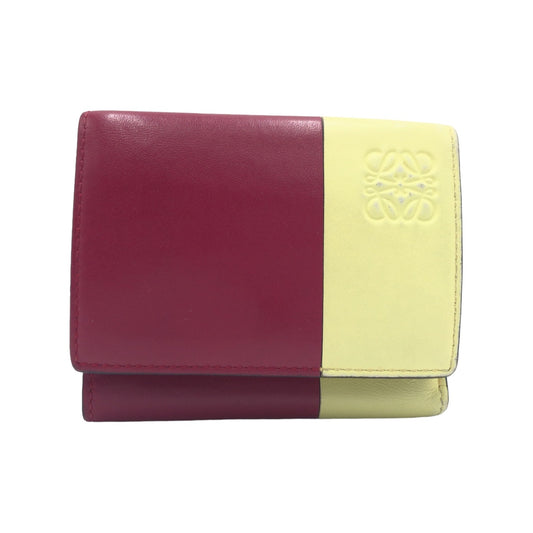 10216
 LOEWE Anagram Color Block Bordeaux Yellow Leather Folding Wallet Compact Wallet for Women