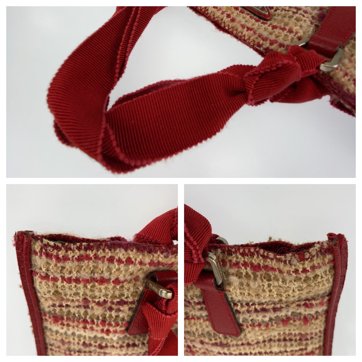 H-00199
PRADA プラダ 三角ロゴプレート レッド 赤 ベージュ 茶 シルバー金具 ウール / レザー ハンドバッグ トートバッグ  レディース