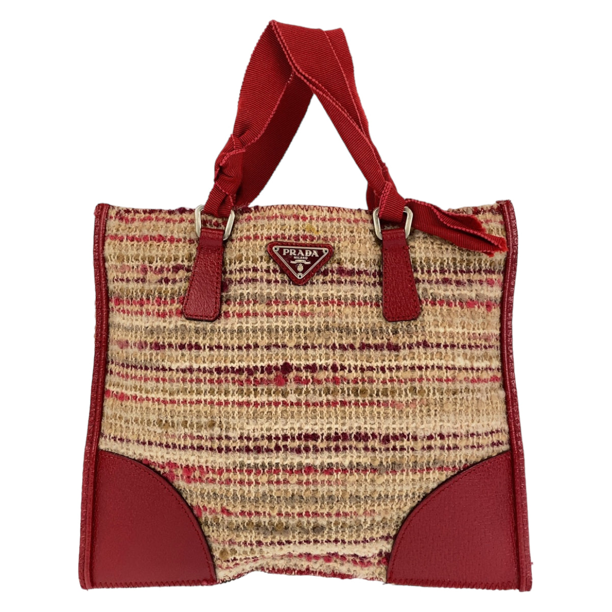 H-00199
PRADA プラダ 三角ロゴプレート レッド 赤 ベージュ 茶 シルバー金具 ウール / レザー ハンドバッグ トートバッグ  レディース