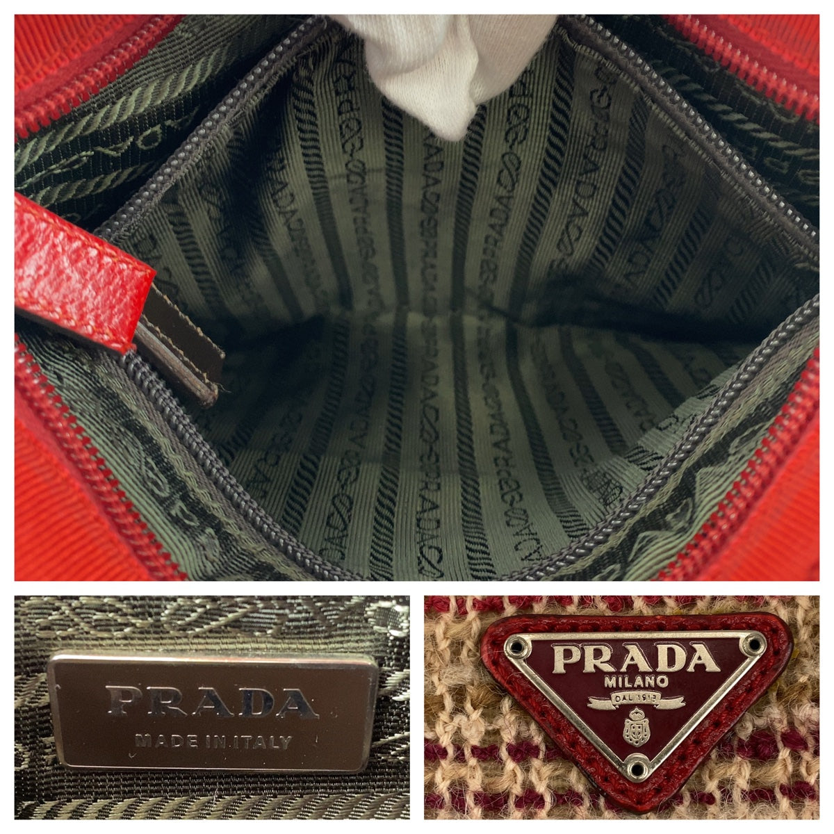 H-00199
PRADA プラダ 三角ロゴプレート レッド 赤 ベージュ 茶 シルバー金具 ウール / レザー ハンドバッグ トートバッグ  レディース