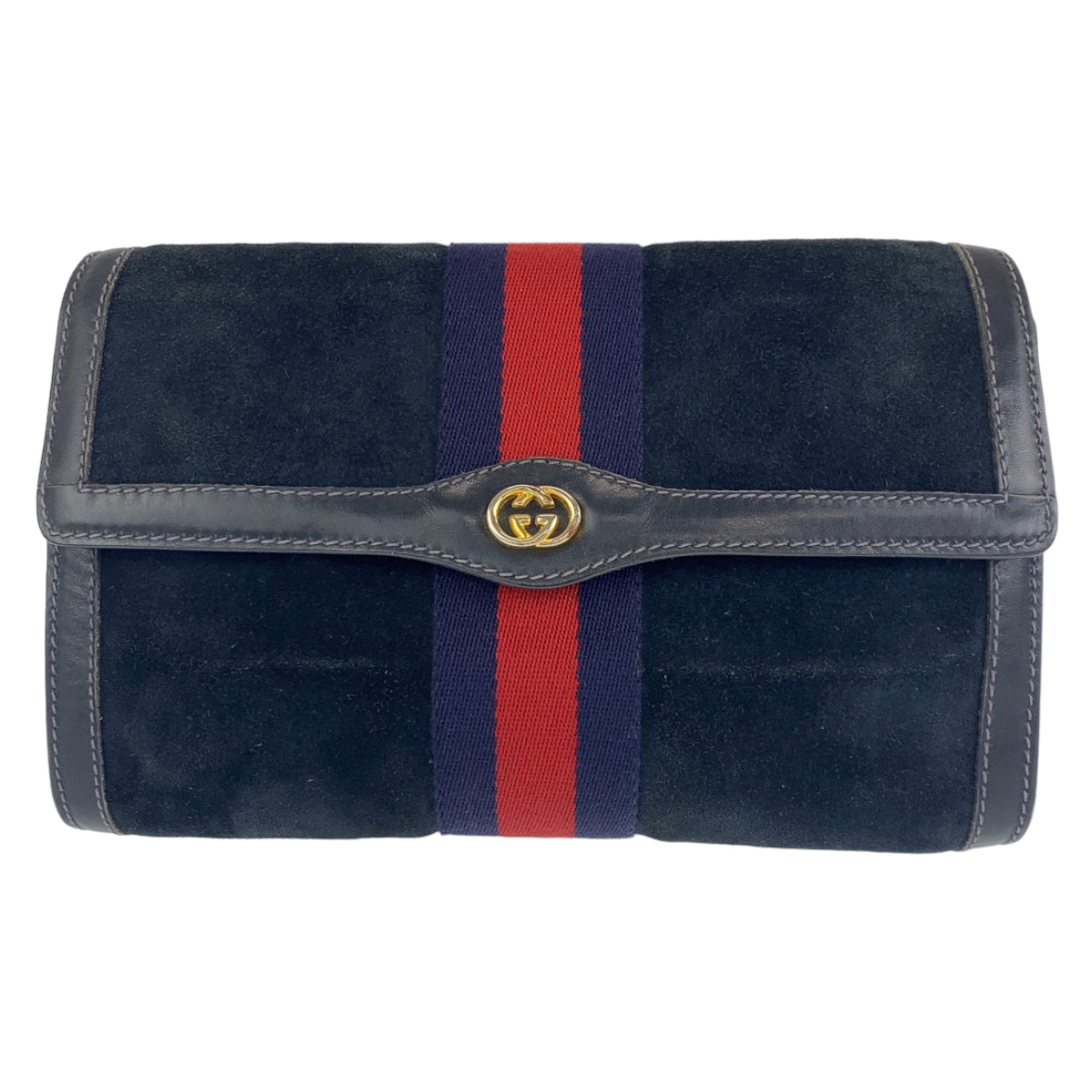 C-112
GUCCI グッチ ヴィンテージ オールドグッチ シェリーライン ネイビー ゴールド金具 スウェード / レザー クラッチバッグ セカンドバッグ  メンズ
