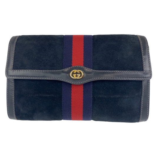 C-112
GUCCI グッチ ヴィンテージ オールドグッチ シェリーライン ネイビー ゴールド金具 スウェード / レザー クラッチバッグ セカンドバッグ  メンズ